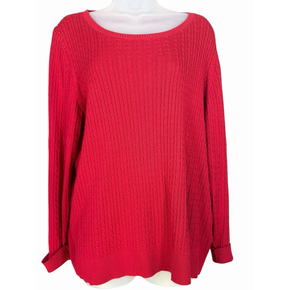L.L.Bean Women's 2X Red Cable Knit Sweater Cotton Nylon Merino Crewneck